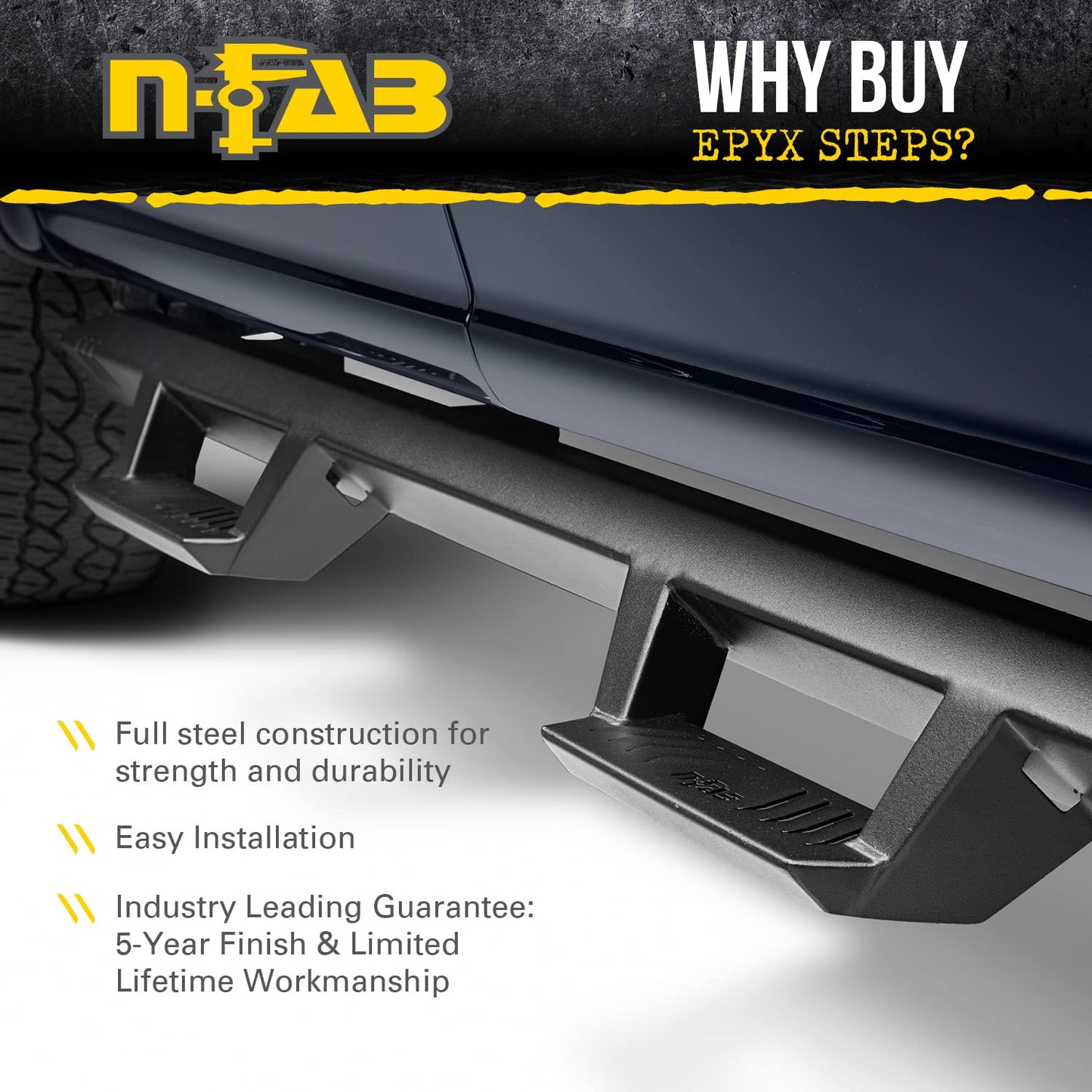 N-Fab EpYx Steps for Ford F-150/F-250/F-350 | Cab Length, Steel, Textured Black | EXF15CC-TX | Fits 2015-2024 Ford F-150, 2022-2023 Lightning, 2018-2023 Raptor, 2017-2023 F250/F350/F450 SuperCrew