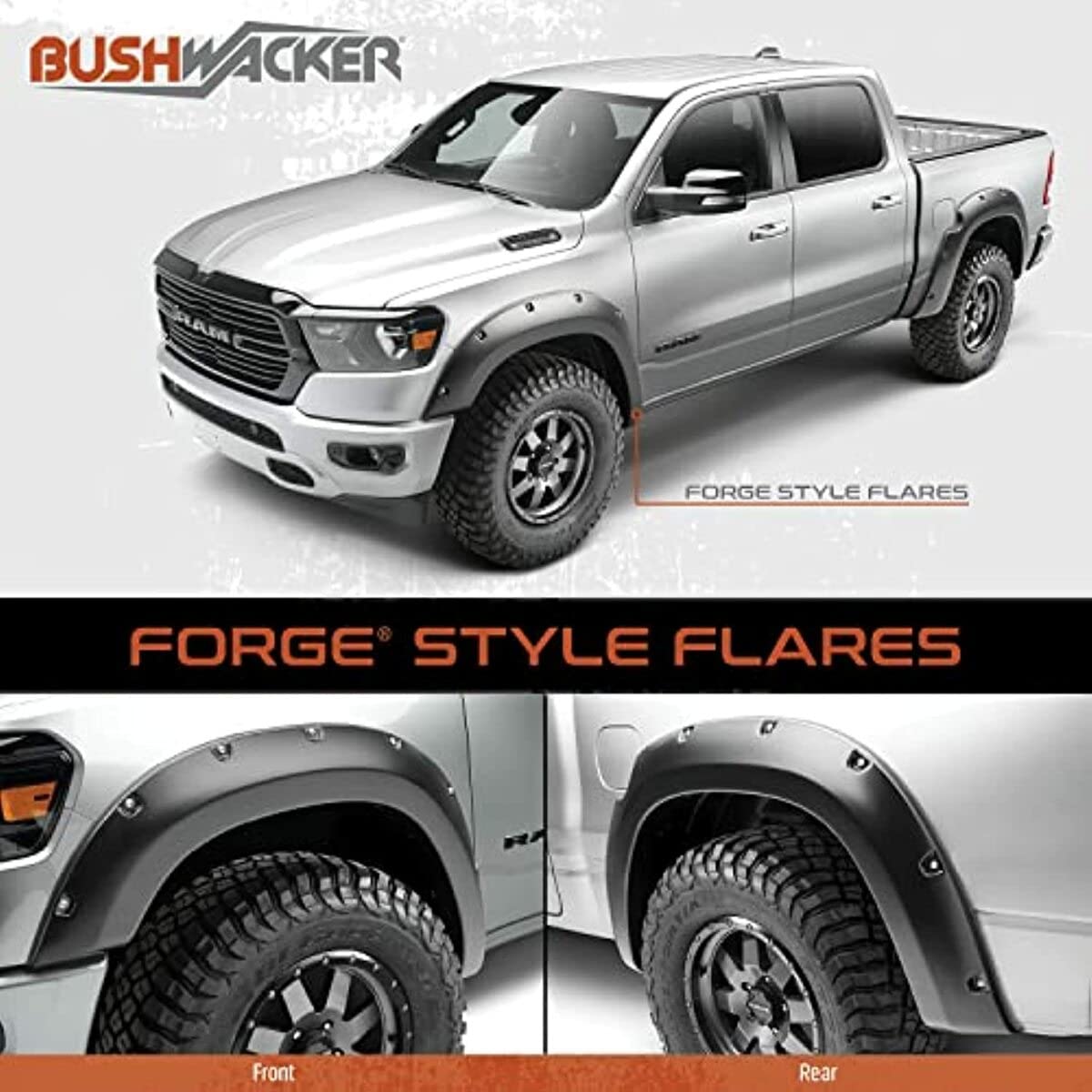 Bushwacker Forge Pocket/Rivet Style Front & Rear Fender Flares | 4-Piece Set, Black, Textured Finish | 58131-08 | Fits 2019 - 2024 Ram 1500 (Excludes Rebel & TRX Models)