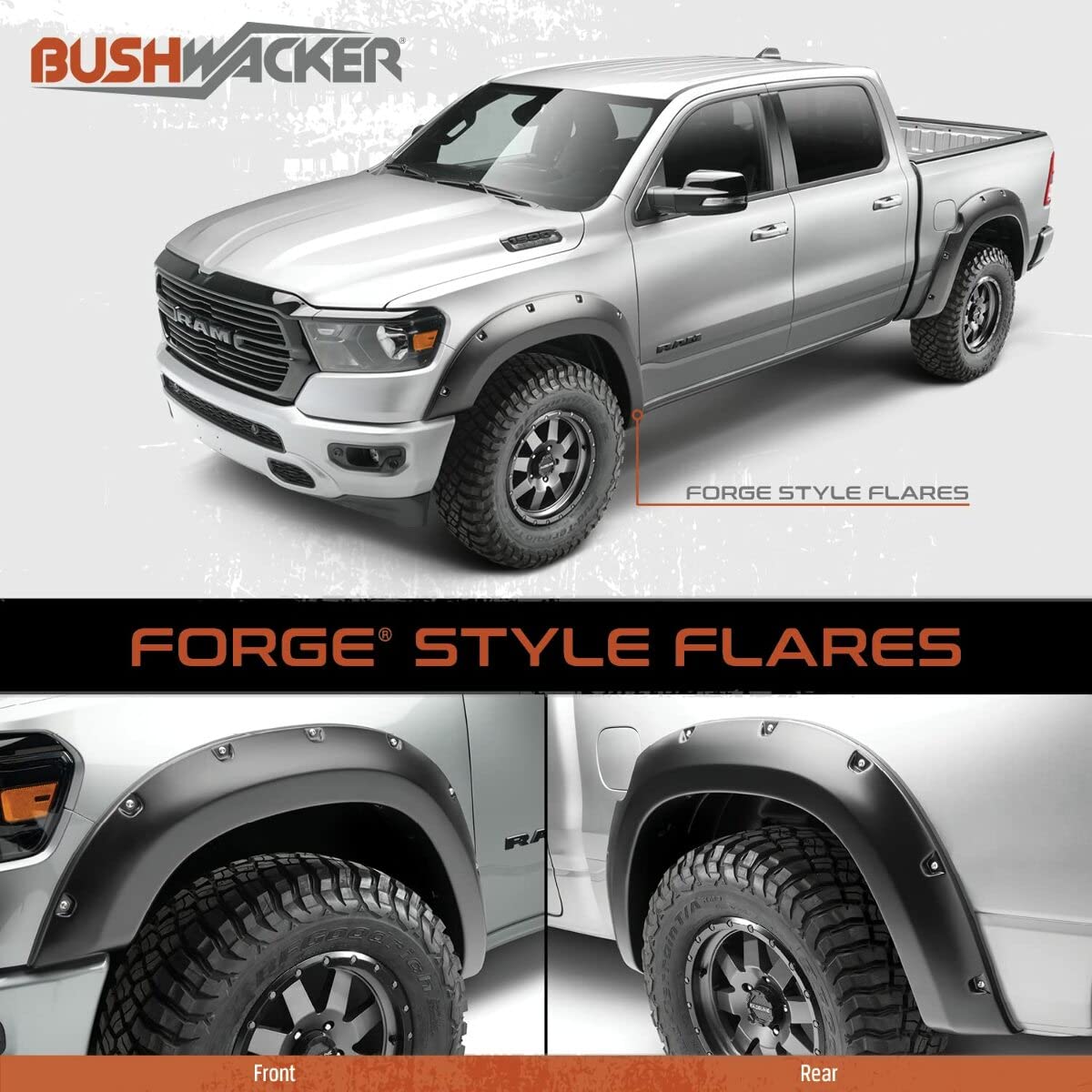Bushwacker Forge Pocket/Rivet Style Front & Rear Fender Flares | 4-Piece Set, Black, Textured Finish | 58131-08 | Fits 2019 - 2024 Ram 1500 (Excludes Rebel & TRX Models)